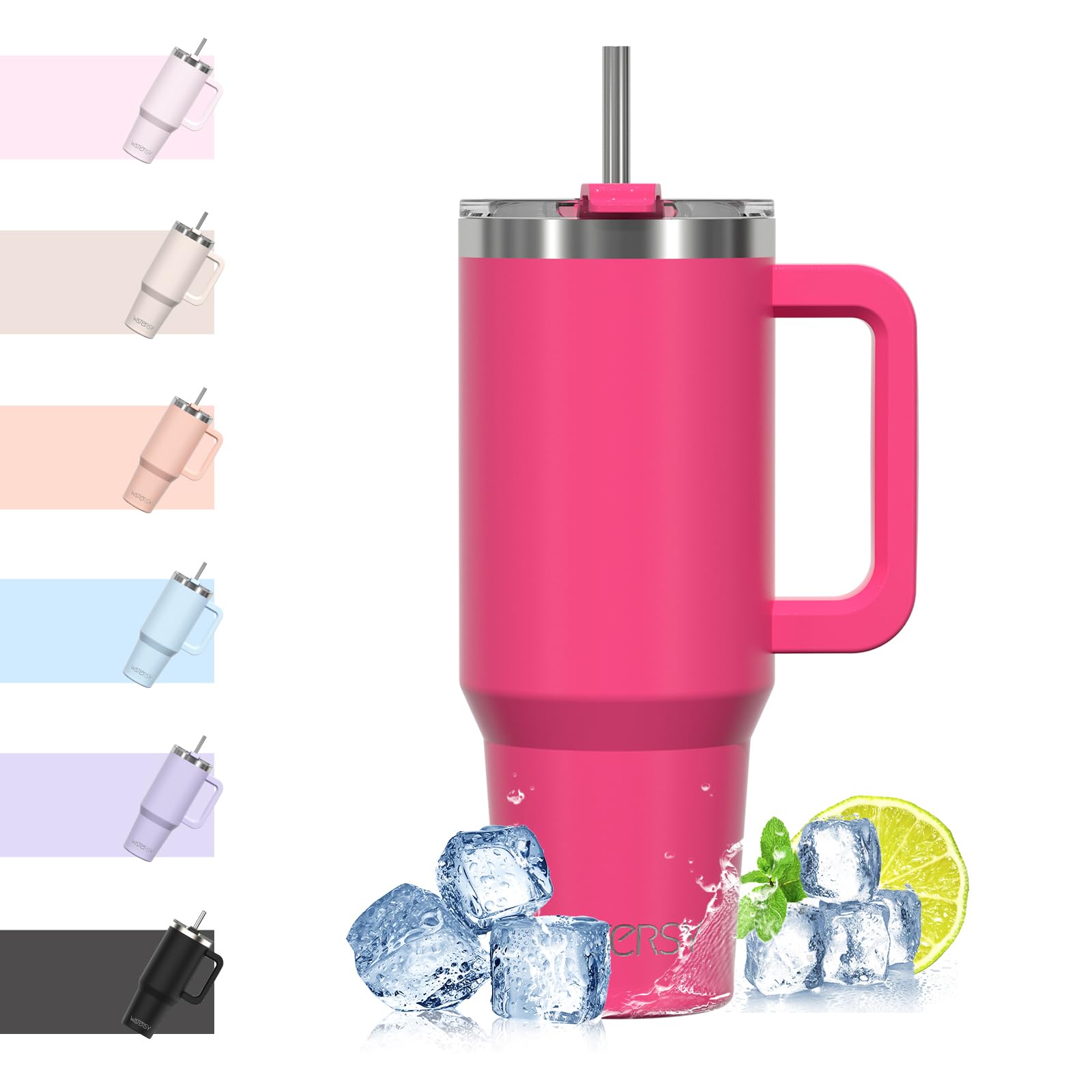 WATERSY Travel Mug Coffee Cup 40oz Tumbler Straw Lid and Handle, Stainless Steel Double Wall Vacuum Insulated Coffee Water Bottle Thermal for Cold Hot Coffee 1182ml Gloss Pink