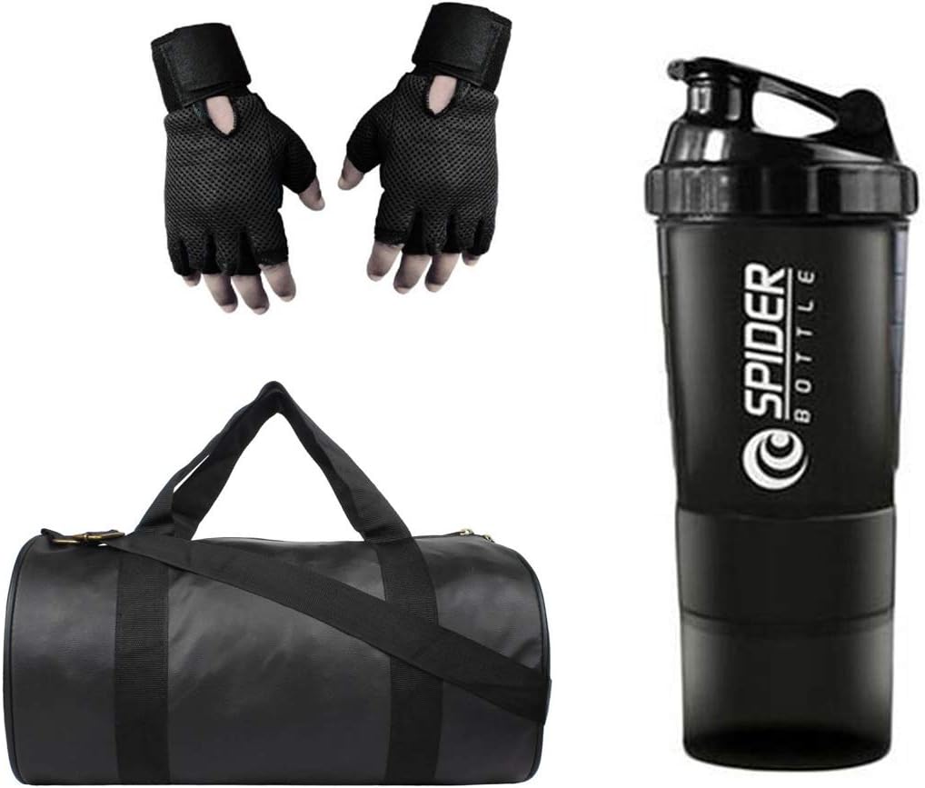 Snipper Gym Combo Set of Leatherite Duffle Gym Bag , Spider Shaker and Leather Gym Gloves with Wrist Support (Black)
