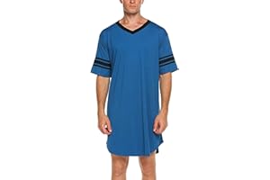 HEZIOWYUN Men's Nightwear, Cotton Nightshirt Comfy Big&Tall V Neck Short Sleeve Soft Loose Sleep Shirt