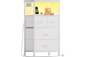 Flrrtenv Dresser for Bedroom, Night Stand with Charging Station, LED Nightstand with 4 Drawers, Tall Table de Chevet for Bedr