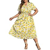 RITERA Plus Size Dresses for Curvy Women Floral V Neck Short Sleeve Party Midi Dress with Pockets XL-5XL