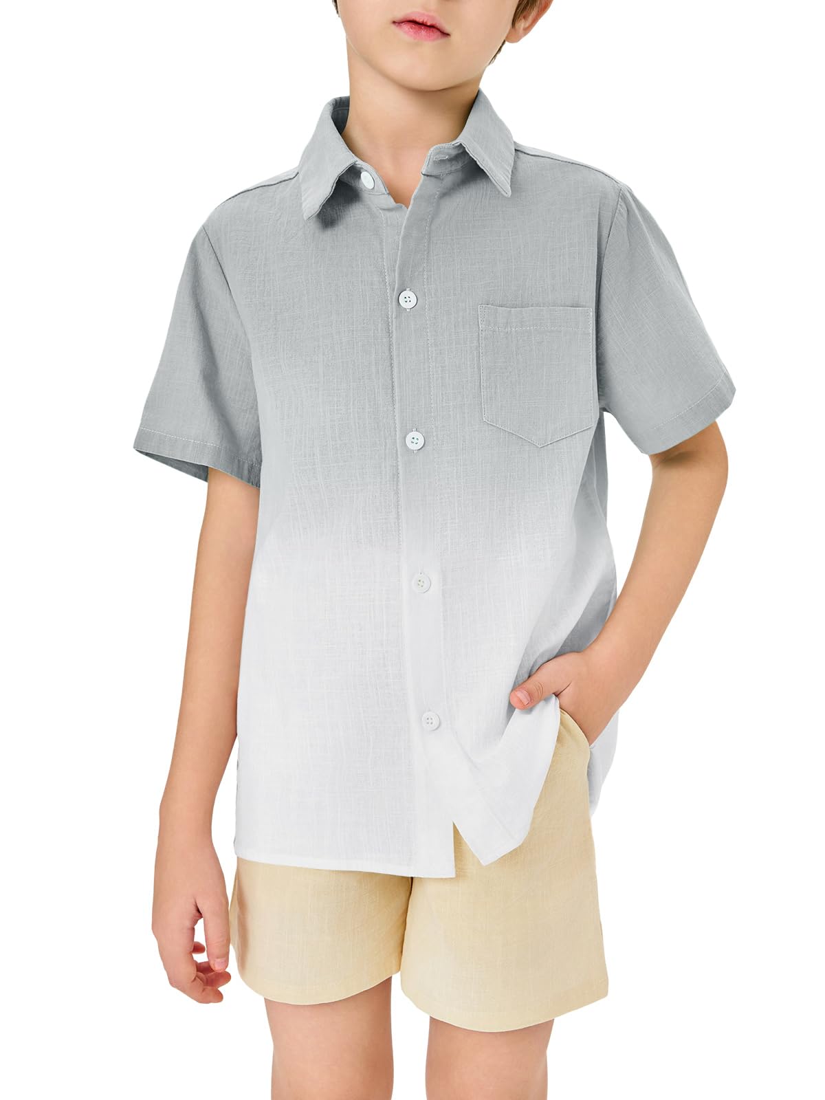 Photo 1 of Boys Button Down Shirts Gradient Linen Casual Short Sleeve Beach Summer Boy Shirt with Pocket SIZE 140