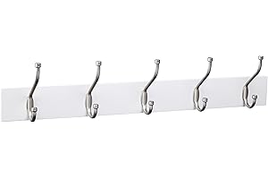 Amazon Basics Rectangular Farmhouse Wall-Mounted Coat Rack with Storage Hooks, 5 Hooks, White