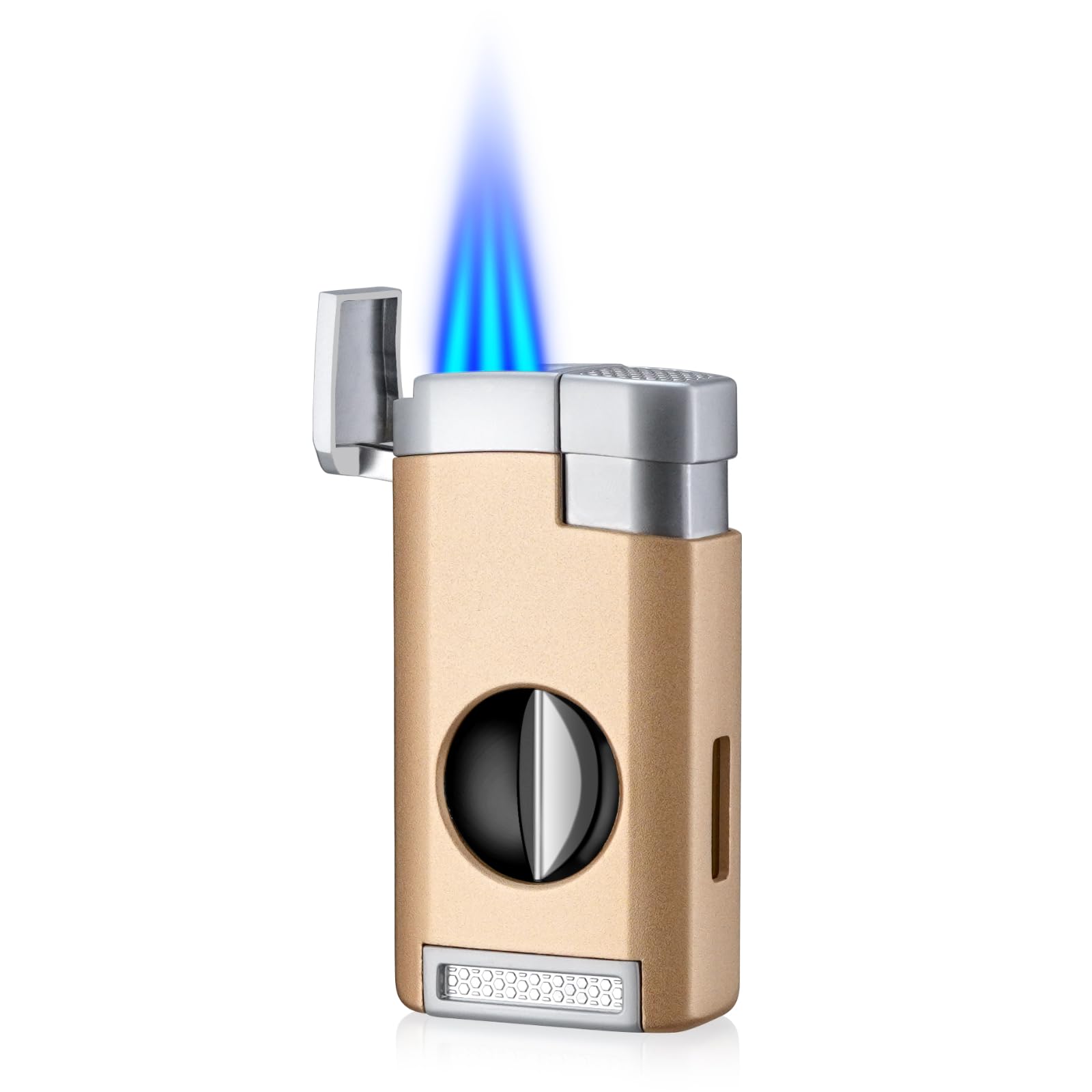 Cgaplus 3 Jet Flame Cigar Lighter with Cigar Cutter V Cut Windproof Lighter Butane Refillable Torch Lighter Gold