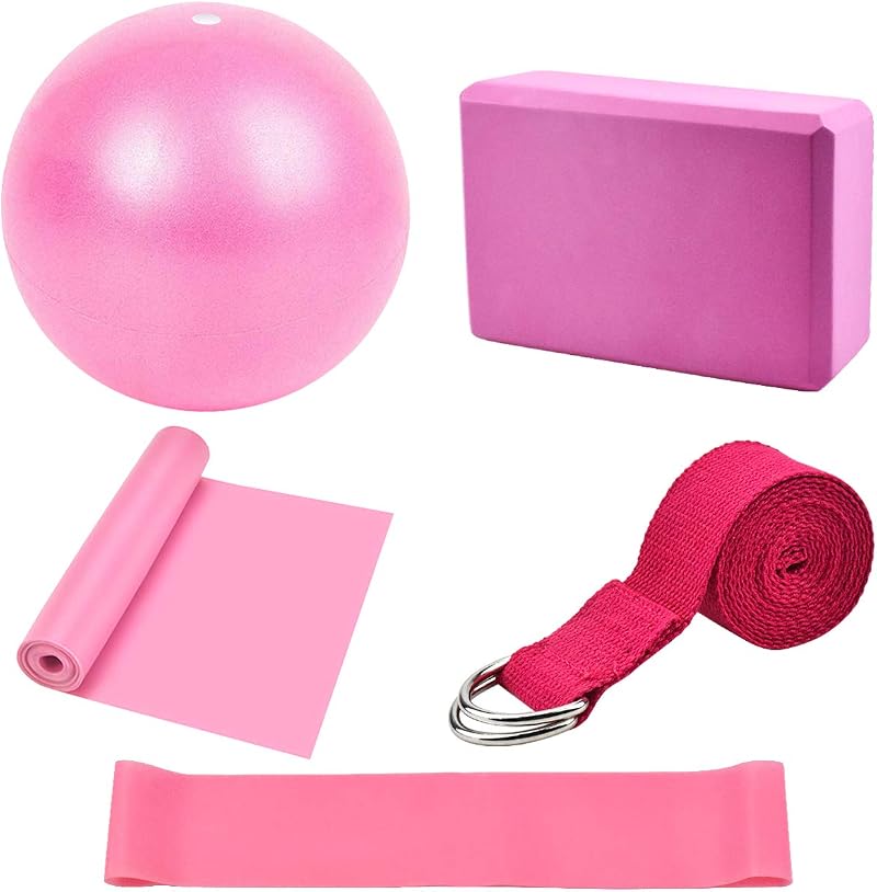 Dokpav Yoga Starter Kit 5Pcs Pink - Blocks Strap Ball Resistance Belt