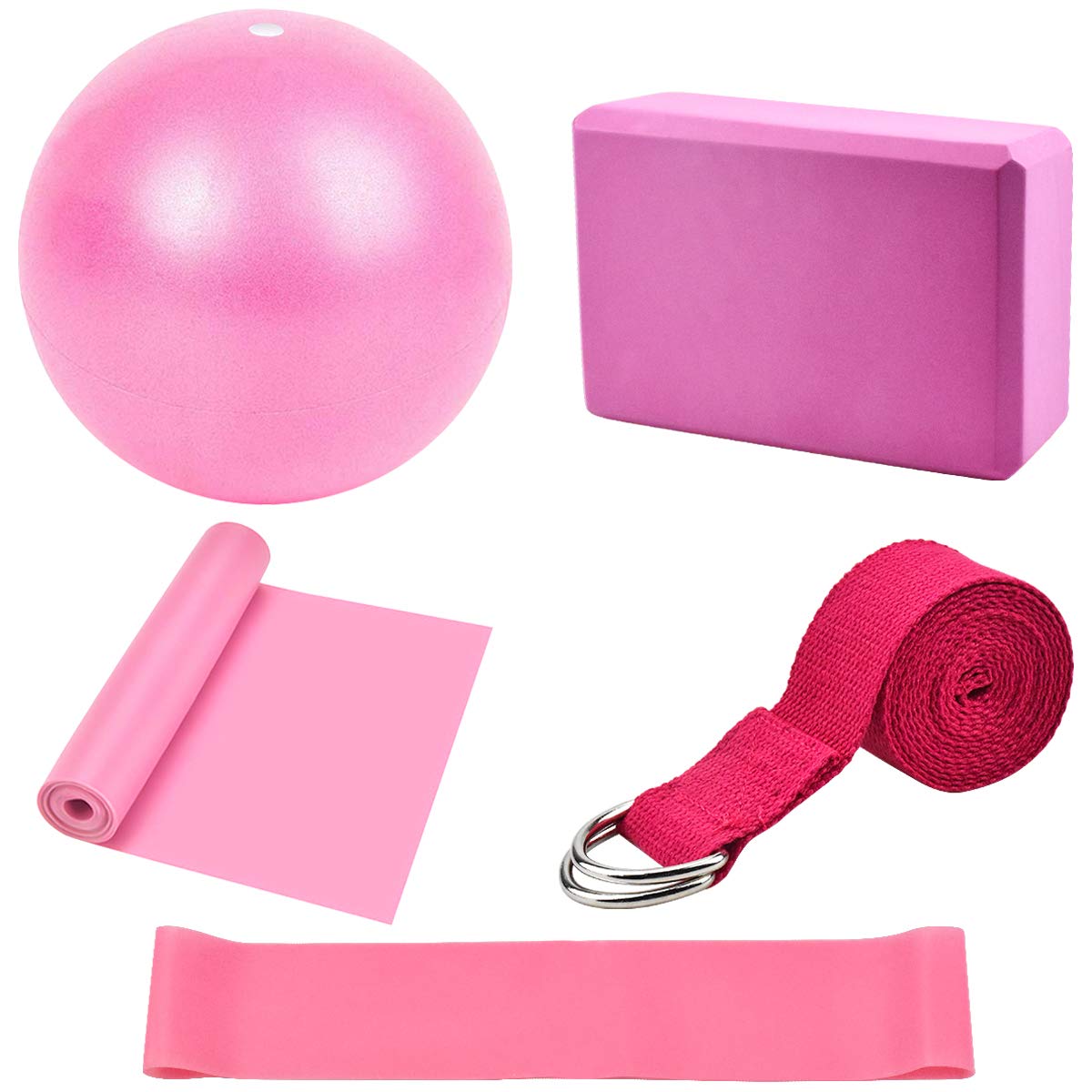 Yoga Starter Kit 5Pcs - Blocks and Strap Set, Pilates Ball, Exercise Resistance Loop Band, Stretching Belt - Equipment and Accessories for Home, Gym Training (Pink)