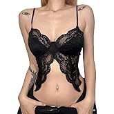 Women Sexy Full Lace Butterfly Crop Top See-through Slim Fit Spaghetti Straps Hot Y2K Camisole Rave Outfits Black