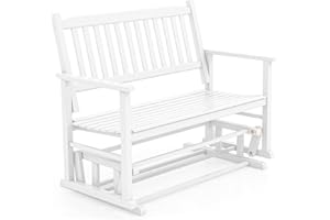 Giantex Outdoor Glider Bench Chair - 2 Person Loveseat, Porch Rocking Glider with Safe & Gentle Gliding, Solid Wood Frame, Slatted Seat, Curved Backrest, 500 Lbs Weight Capacity, Patio Glider (White)