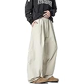 Mens Baggy Wide Leg Pants Elastic Waist Drawstring Casual Pants Pleated Loose Trendy Long Trousers with Pockets