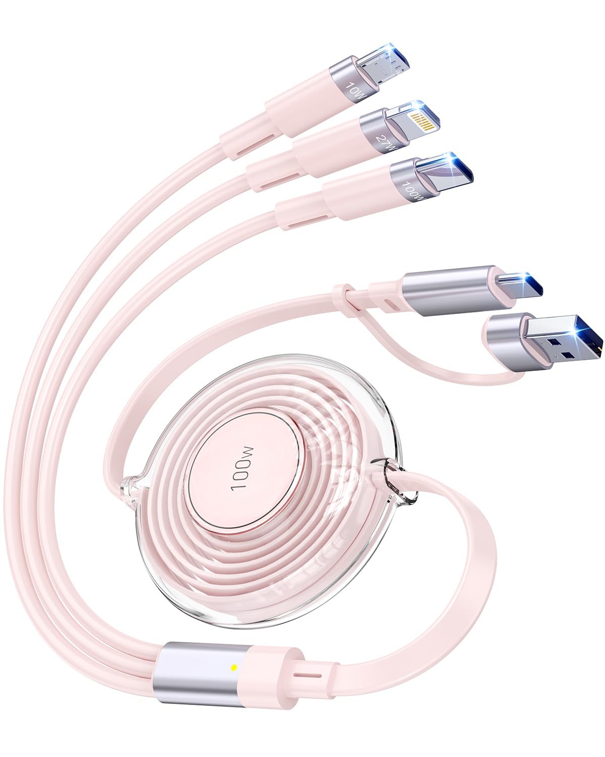 Photo 1 of 100W 6-in-1 Retractable Multi Charging Cable, USB C/Lightning/Micro Multi Charger Cords for iPhones, iPads, MacBook, Tablets, Galaxy, Note & More - 4Ft/1.2M 5A Fast Charging, Durable & Portable, Pink