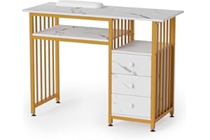 OmySalon Manicure Table w/Wooden Drawer Storage, Gold & White Marbling Nail Desk for Nail Technicians, Nail Station for Salon Spa Beauty Makeup, Acetone Resistant, 43.3'' L W/O Dust Collector