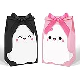JarThenaAMCS 24Pcs Halloween Party Favor Bags Little Boo Ghost Paper Gift Bags with Black Pink Ribbon Bows Candy Goodie Treat Bags for Birthday Baby Shower Party Supplies