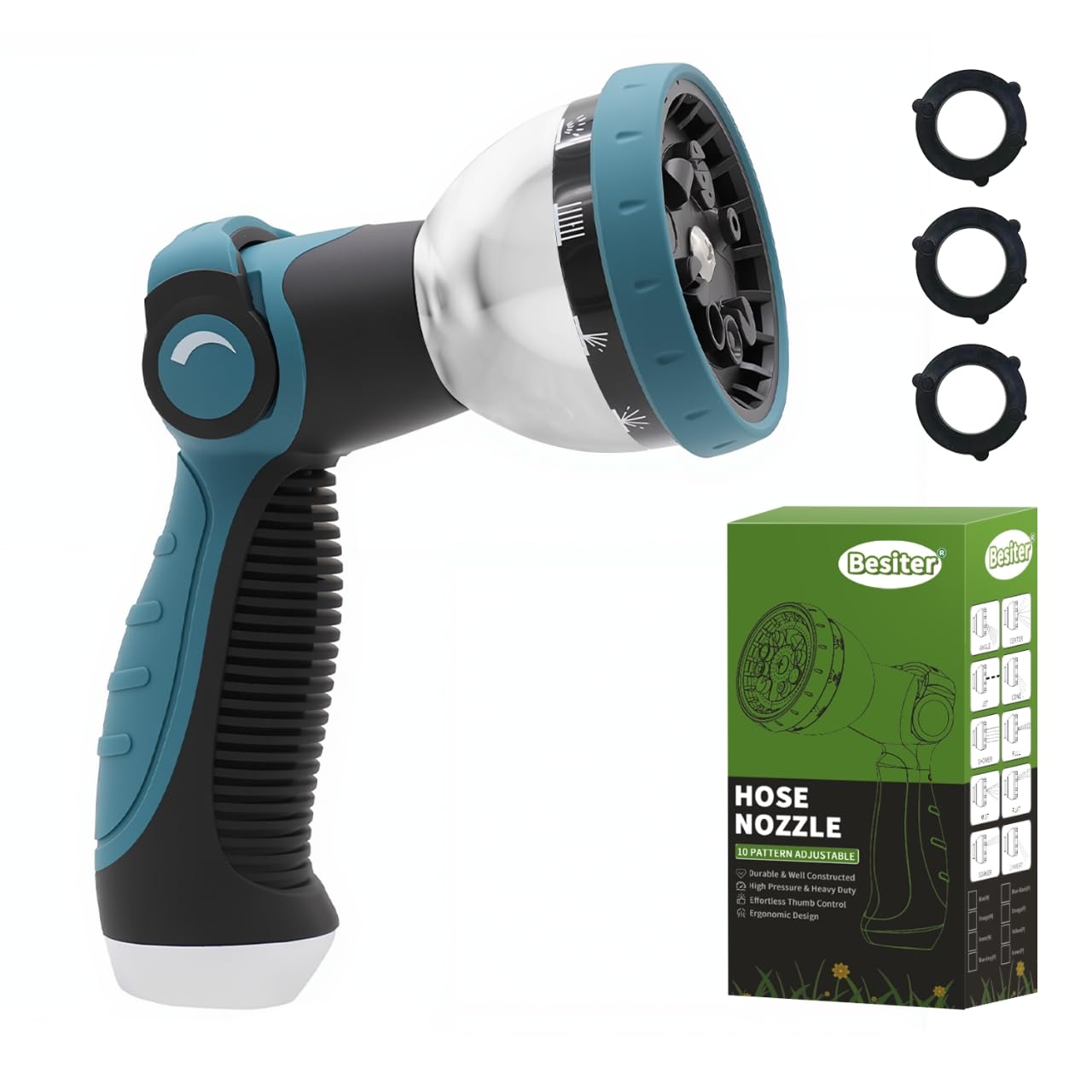Photo 1 of Garden Hose Nozzle, Hose Sprayer Nozzle with 10 Spray Patterns, Thumb Control On Off Valve, High Pressure Metal Water Hose Nozzle for Car Wash, Plants, Pets & Outdoor Cleaning, Blue
