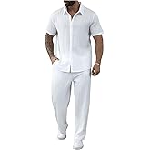 VIPWOLF Men's 2 Piece Outfits Big and Tall Short Sleeve Button Down Shirt and Casual Loose Pant Sets