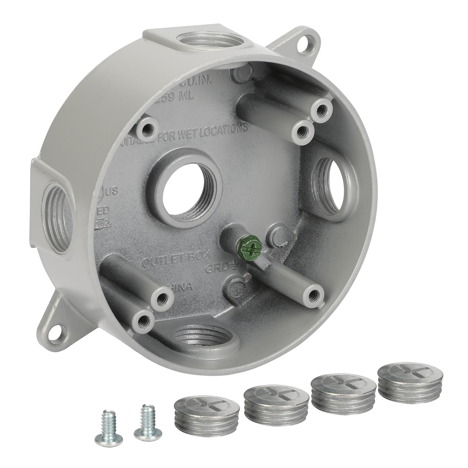 Photo 1 of XGGYA Round Weatherproof Electrical Box, 5 Hole 1/2-Inch Surface Mount Outlet Box, Aluminum Construction Gray Round Electrical Outlet Box, CUL Listed, Used in Branch Circuit Wiring (1 Pack)