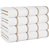 Arkwright Las Rayas Striped Beach Towel - Pack of 4 - Soft Plush Quick Dry White Cotton Terry Towels Set for Pool, Swim, and Hot Tub, 480 GSM Thick & Absorbent, 30 x 60 in, Beige