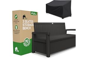 EconoHome 3 Seat Outdoor Storage Bench with Rain Cover - 90 Gallon Capacity - Weatherproof Resin Bench for Patio, Porch, Garden, Yard, Pool Area - Furniture for Pool Accessories, Gardening Tools