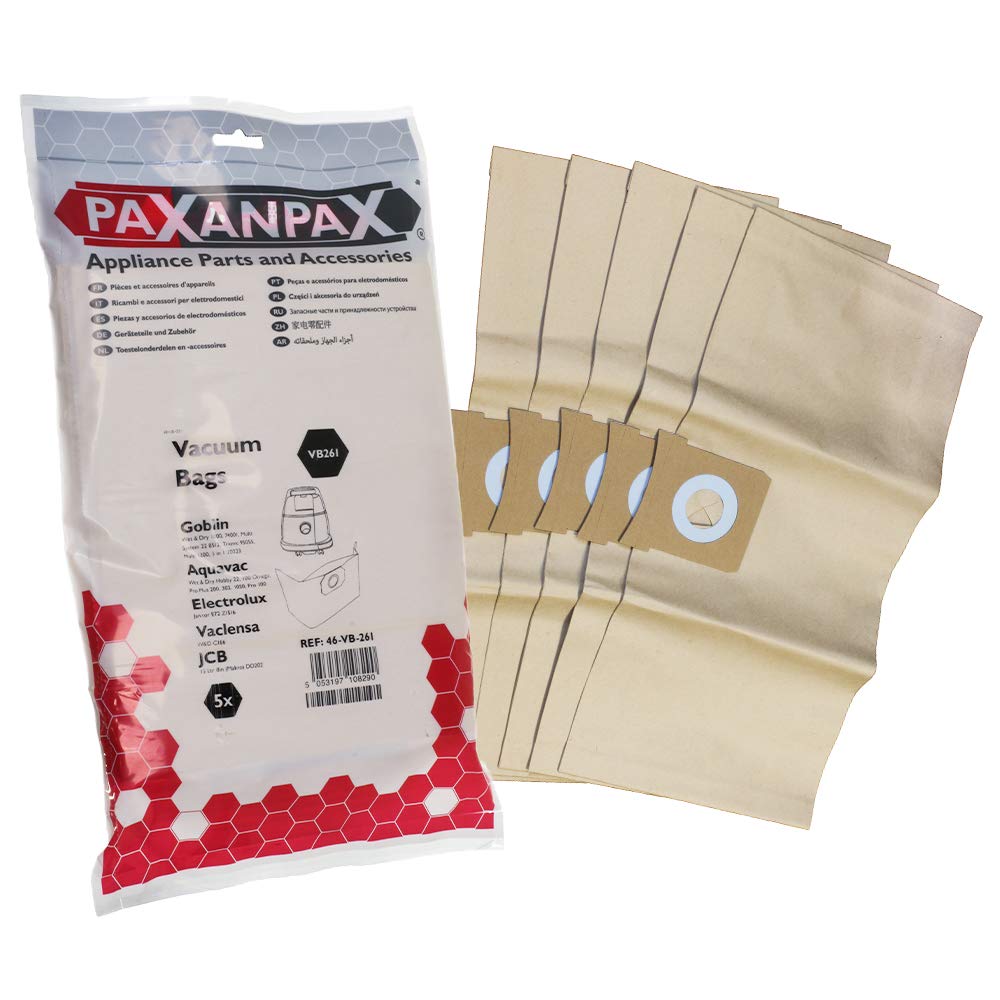 Paxanpax VB261 Compatible Paper Bags for Goblin W&D1000, Exxtra Aquavac Proplus, Hobby, Omega Electrolux 'E72' Z1516 Janitor Series (Pack of 5), Brown, 0 Decibeles