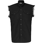 BIKER WEAR USA 100% Cotton Denim Shirt- Sleeveless Shirt with Pockets & Cut-Off Sleeves