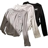 RoseSeek Girl's Bow Long Sleeve Shirts Ruched Crew Neck Cute Shirts Tops for Teen Girls Basic Tees 3 Pack