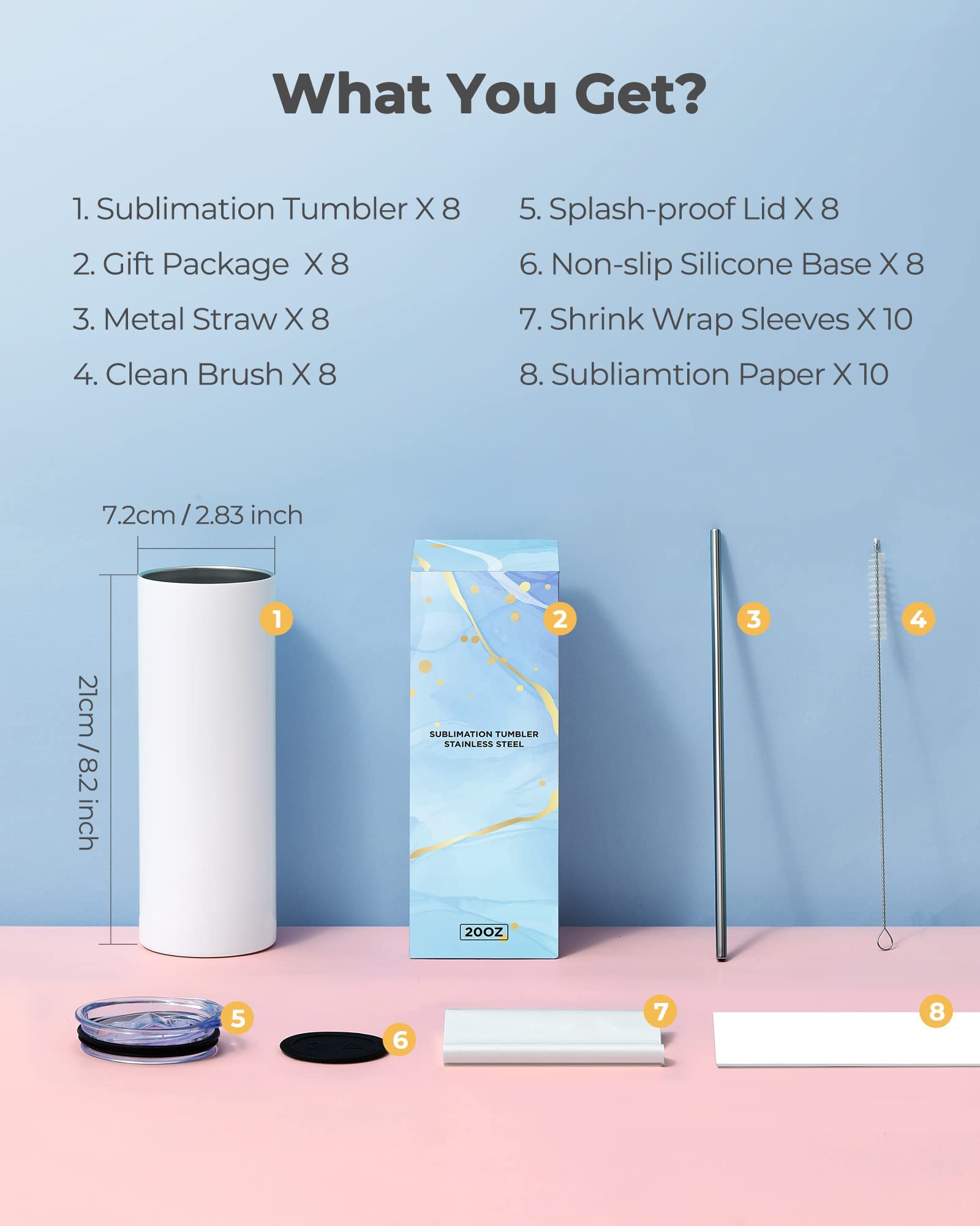 Hiipoo 8 Pack Sublimation Tumblers Blank 20 oz Straight Skinny with Sublimation Papers, Lids and Straws, Shrink Wrap Films, Stainless Steel Double Wall Insulated Tumbler for Mug Press Machine