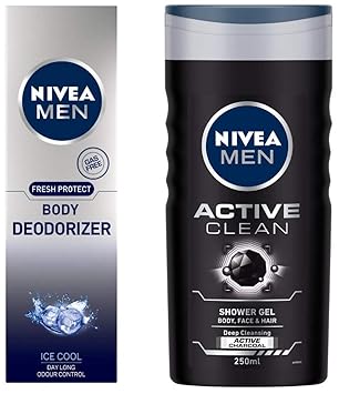 NIVEA MEN Body Deodorizer, Ice Cool, 120ml and NIVEA MEN Hair, Face & Body Wash, Active Clean