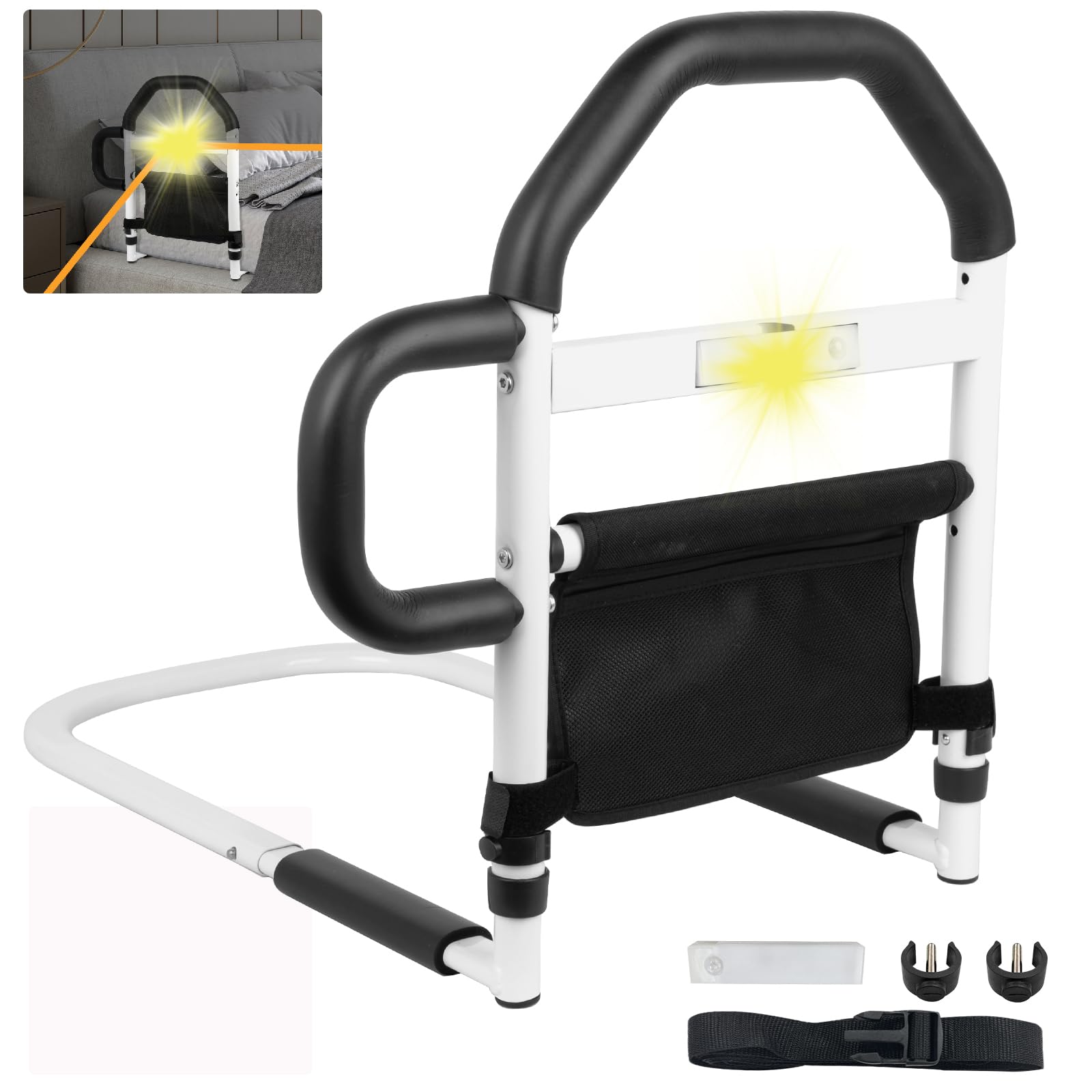 Aolawco Upgrade Bed Assist Rails Adjustable with Smart Lights, Safety Bed Handle with Bag, Fall Prevention Hand Guard Grab Bar Bed Cane, Bed Rails for Elderly, Adults, Senior, Handicap, Disabled