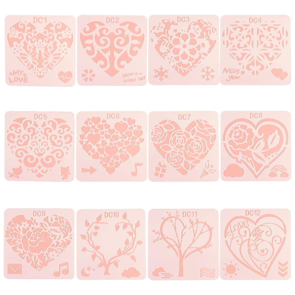 GORGECRAFT 12pcs Heart Painting Stencils Plastic Reusable Drawing Rectangle Stencil Cut Painting Template Leaves Flowers Love Words for Crafting Wedding Valentine's Day DIY Art Project Wedding