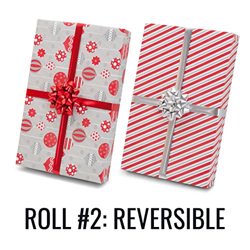 Red + Silver Designer Wrapping Paper Set: 4 Rolls (6 Designs) of Premium Gift Wrap (75 sq. ft.) with 30 Coordinated Bows, 5 Ribbons, and 24 Gift Tags with Bonus Euro Tote and Tissue Paper - Thumbnail 6
