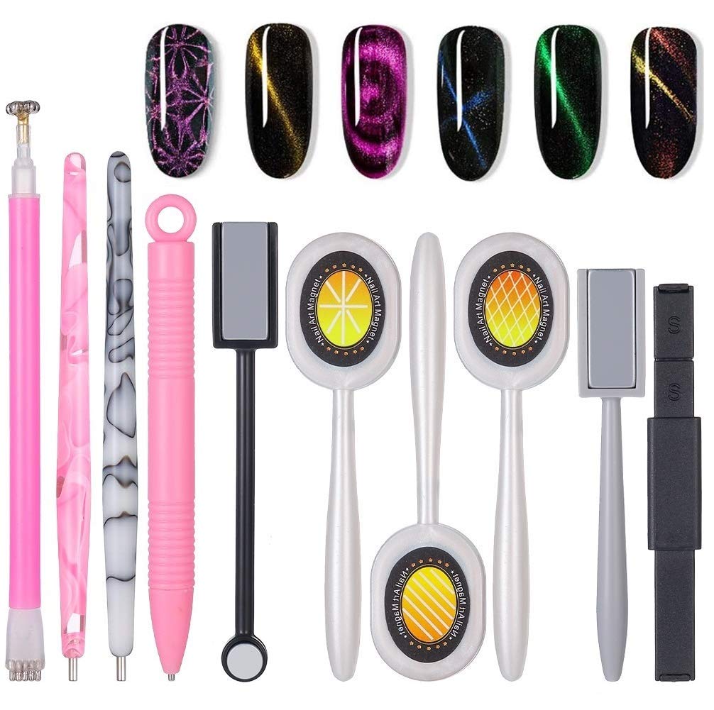 Nail Art Tool Magnetic Pen, Pack of 10 Nail Magnet Stick Tool Set, Nail Magnet Pen and Strong Magnet Stick Dotting Pens for DIY 3D Magnetic Cat Eye UV Gel Polish Nail Art (Pink)