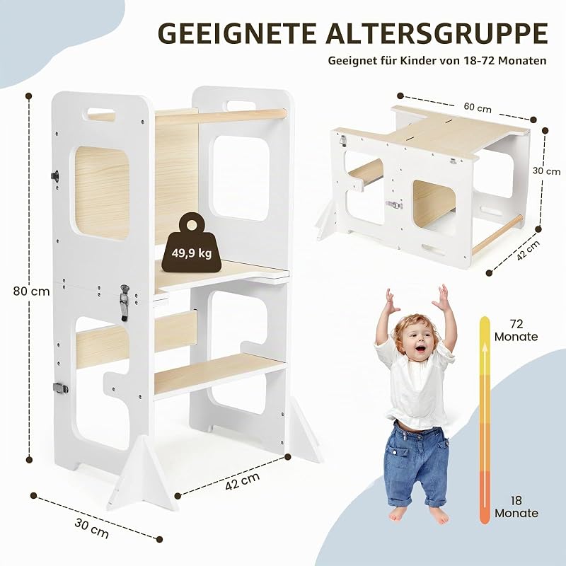 Lernturm ab 1 Jahr, Montessori Learning Tower mit Tafel, 3 in 1 Multifunktion Lernturm Klappbar, Umkippschutz Farbblockiertes Tritthocker Kinder-Weiß&Holz