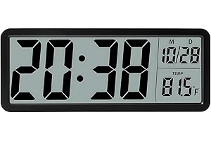 Silent Digital Wall Clock with Large Display, 12/24 Hour Format, Date and Temperature Display, Versatile Two Power Mode Large