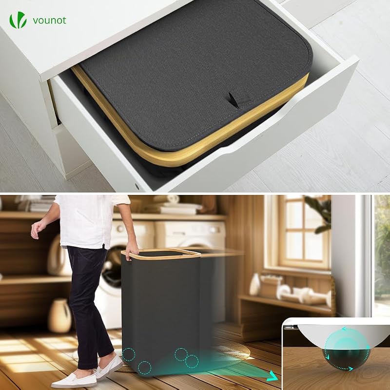 ® Cesto Portabiancheria 100L con Ruote, Cesta Biancheria Sporca con Coperchio e Manici in Bambù, Porta Biancheria Pieghevole Cesta Panni Sporchi per Bagno o Lavanderia Vestiti, Grigio