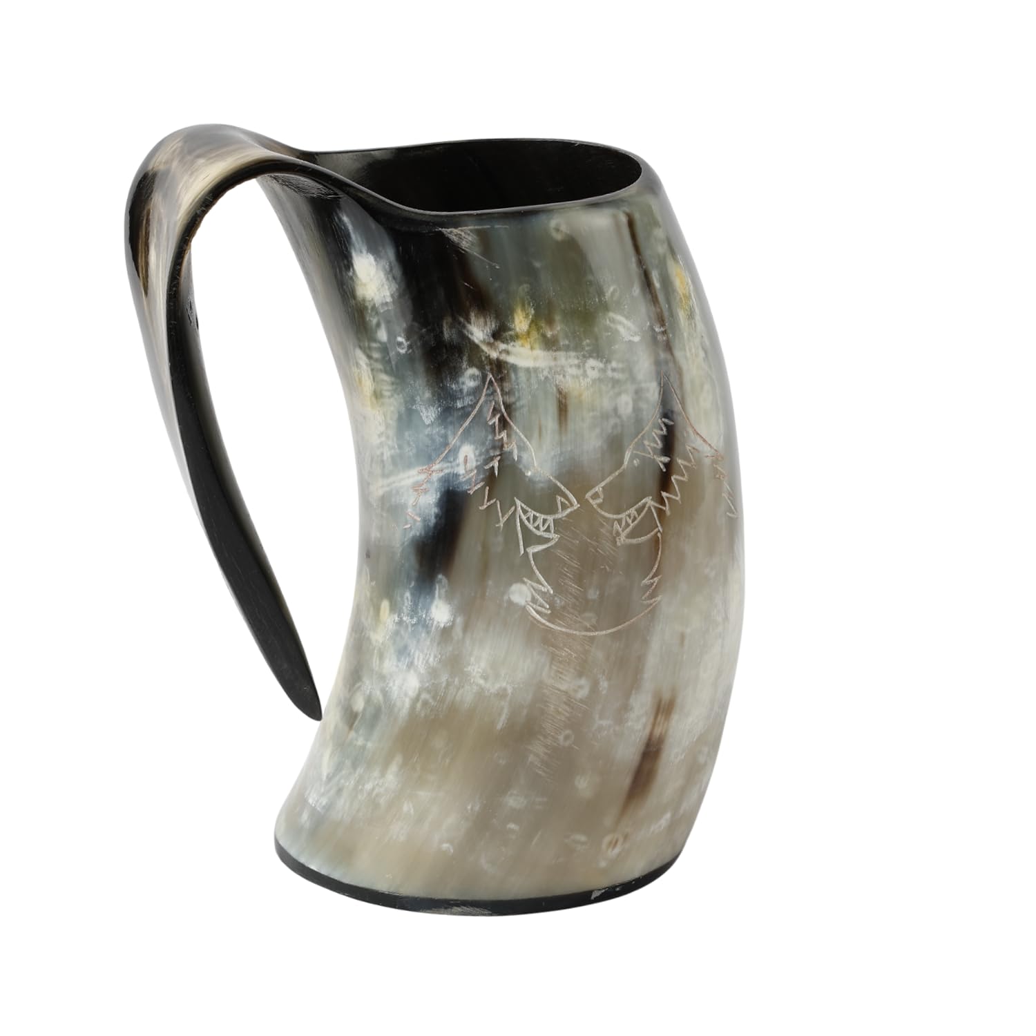 Handicrafts Home Viking Drinking Horn Mug with Handle, Beer Horn Tankard, Medieval Norse Decor Gift for Men, Dad, Husband, Medieval Viking Horn Drinking Mug for Mead, Coffee & Wine - Twin Wolf 6”