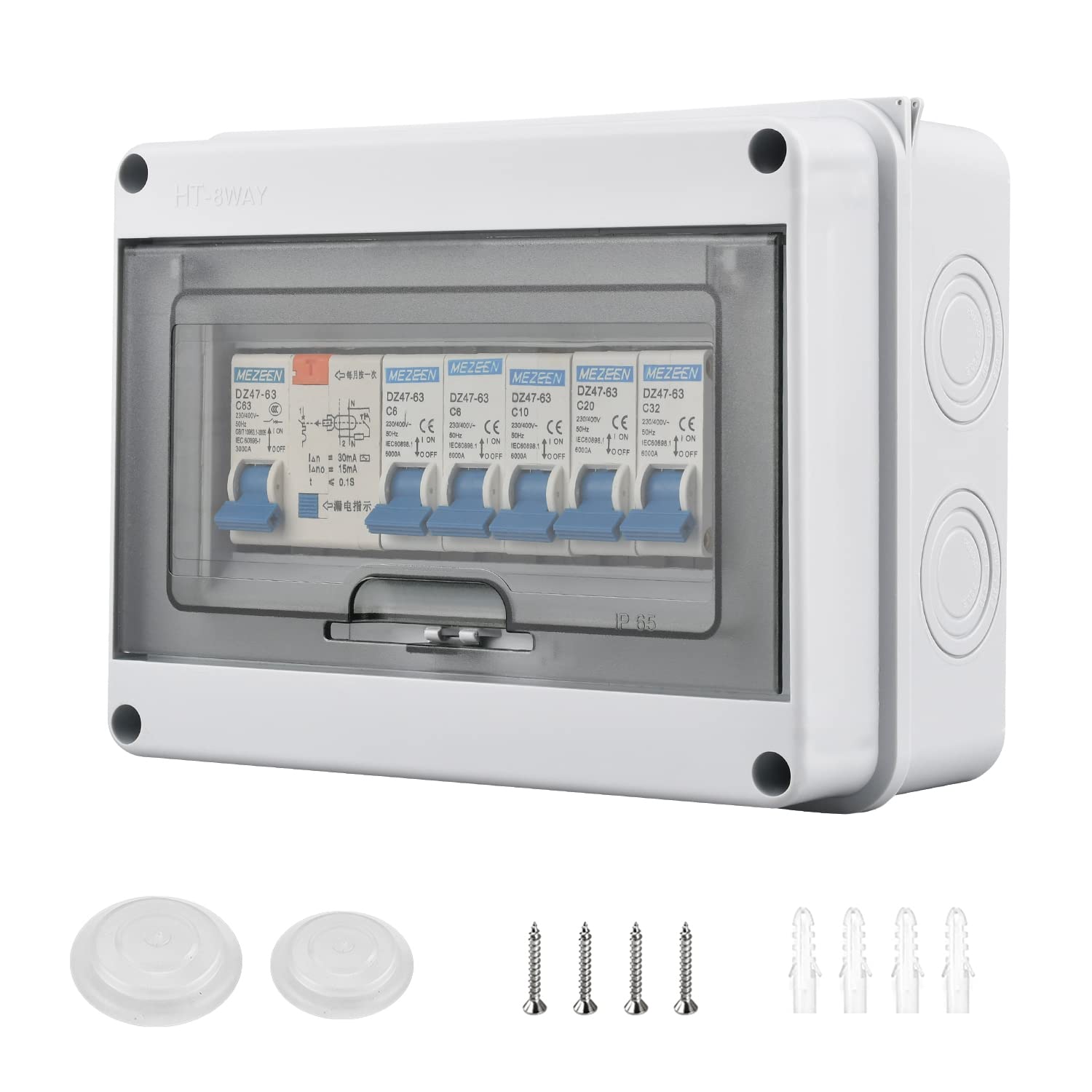 Bqweun Surface-Mounted Fuse Box, IP65 Waterproof, 63A, 5-Way Circuit Breaker 63A, Air Switch 2x6A + 1x10A + 1x20A + 1x32A, for Indoor and Outdoor Use (BY090a)