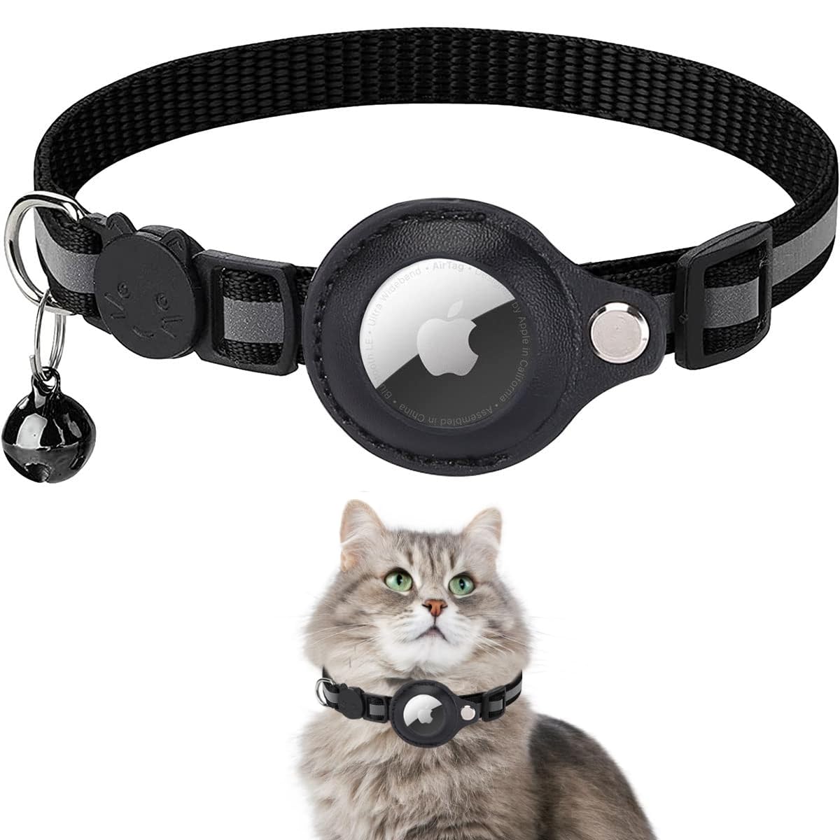 Airtag Cat Collar, Air tag Cat Collar with Bell and Safety Buckle in 3/8" Width, Reflective Collar with Waterproof Airtag Holder Compatible with Apple Airtag for Cat Dog Kitten Puppy (Black B)