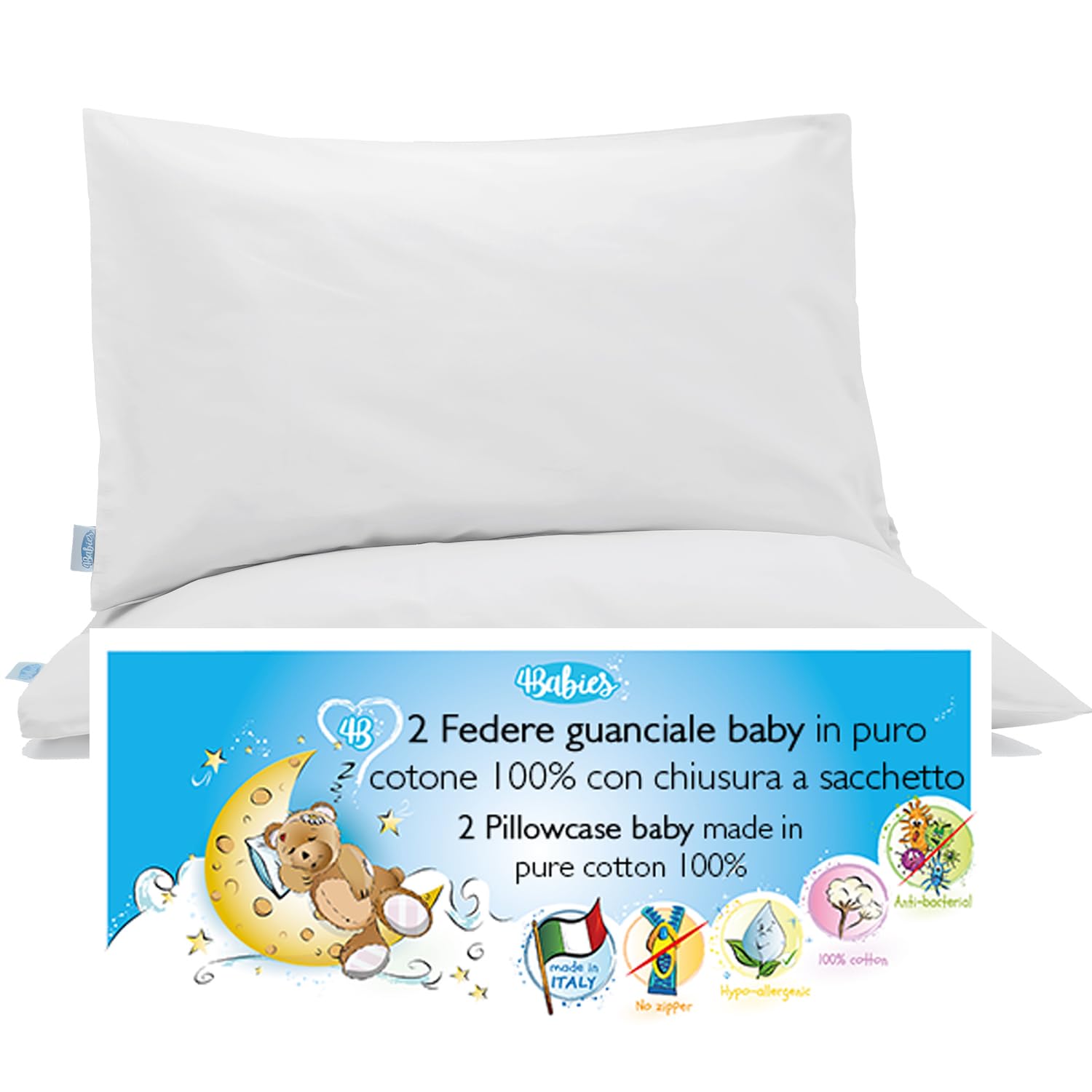 4BABIES- Baby Toddler Pillowcase 50X30 cm - Set of 2 Pillow Cases for cot and crib 100% PURE COTTON Made in Italy - Envelope closure - OEKO-TEX Certified - Children's bedding - White
