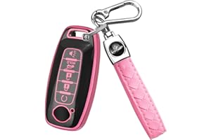 QBUC Key Fob Cover for Nissan,Car Key Fob Protector 5 Buttons Key Case Protection Compatible with 2023 2024 Pathfinder Rogue Metal Keychain Remote Key Accessories Protector (Pink)