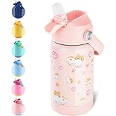 Kerilyn 12oz Kids Water Bottle, Stainless Steel Insulated Water Bottle For Kids, Toddler Cup With Straws Leak-proof, Kids Water Bottles For School Boys Girls, BPA Free, Kitty