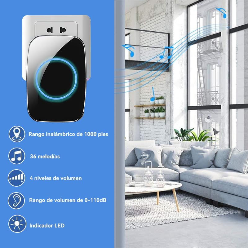 Timbre Inalámbrico Impermeable,con 2 Transmisores y 3 Receptores,Alcance a 300m,Kit de Timbre Inalámbrico para Puerta,36 Melodías,4 Niveles de Volumen, LED Indicador, para Casa,Jardín,Oficina,Villa