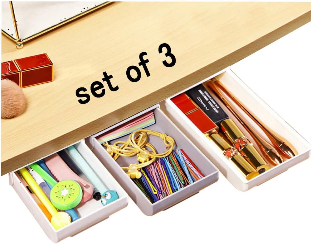 Under Desk Drawer,Under Desk Storage,Hidden Storage,Desktop Drawers,Under Table Organizer,Self-Adhesive Pencil Tray Drawer,Pencil Holder For Drawer Mini Desk Organizer (3 PACK White)