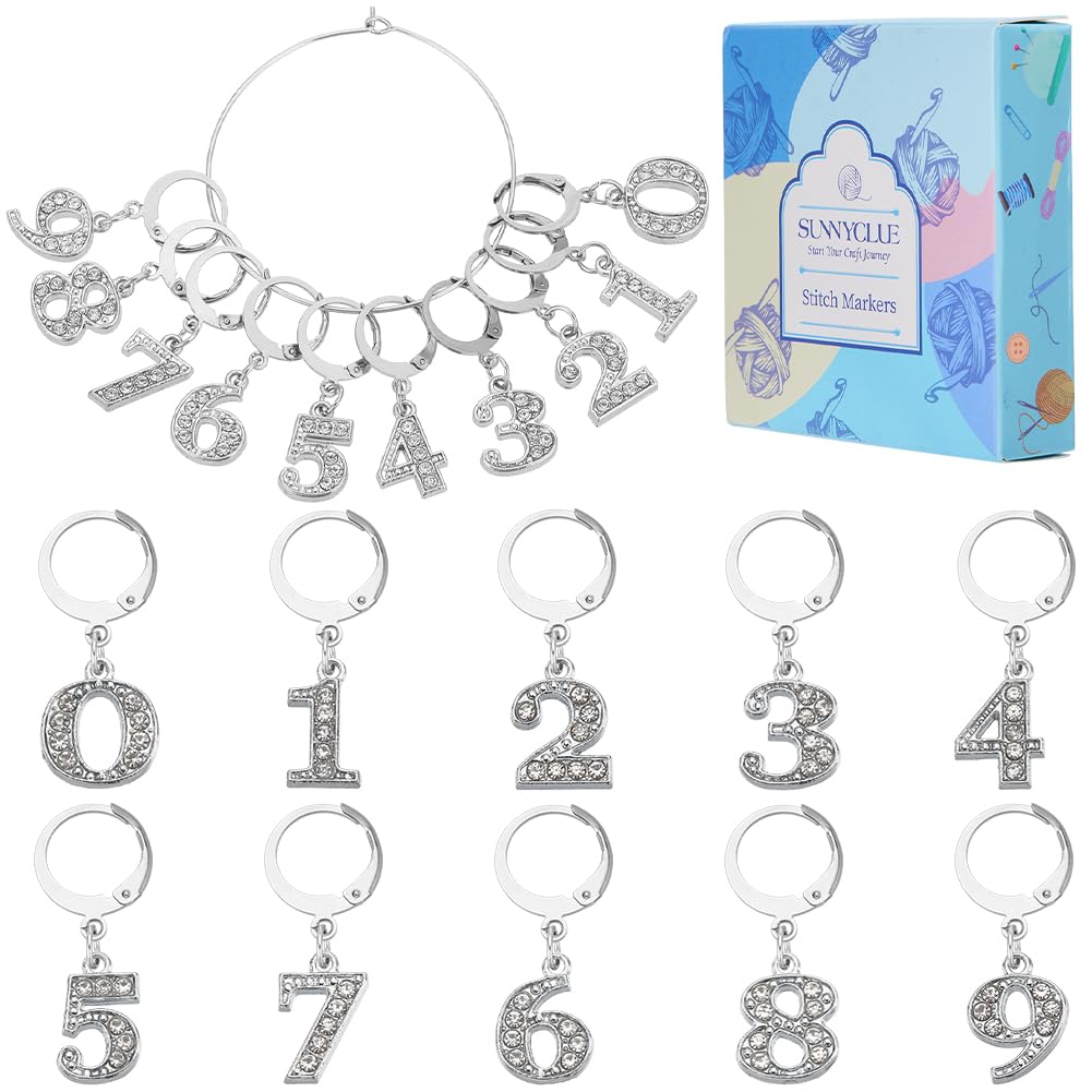 SUNNYCLUE 1 Box 20Pcs Stitch Markers Cute Rhinestone Number 1~9 Charms Numbers Stitch Markers Knitting Crochet Marker Removeable Clip On Stainless Steel Locking Leverback Clasps Charm for Weaving