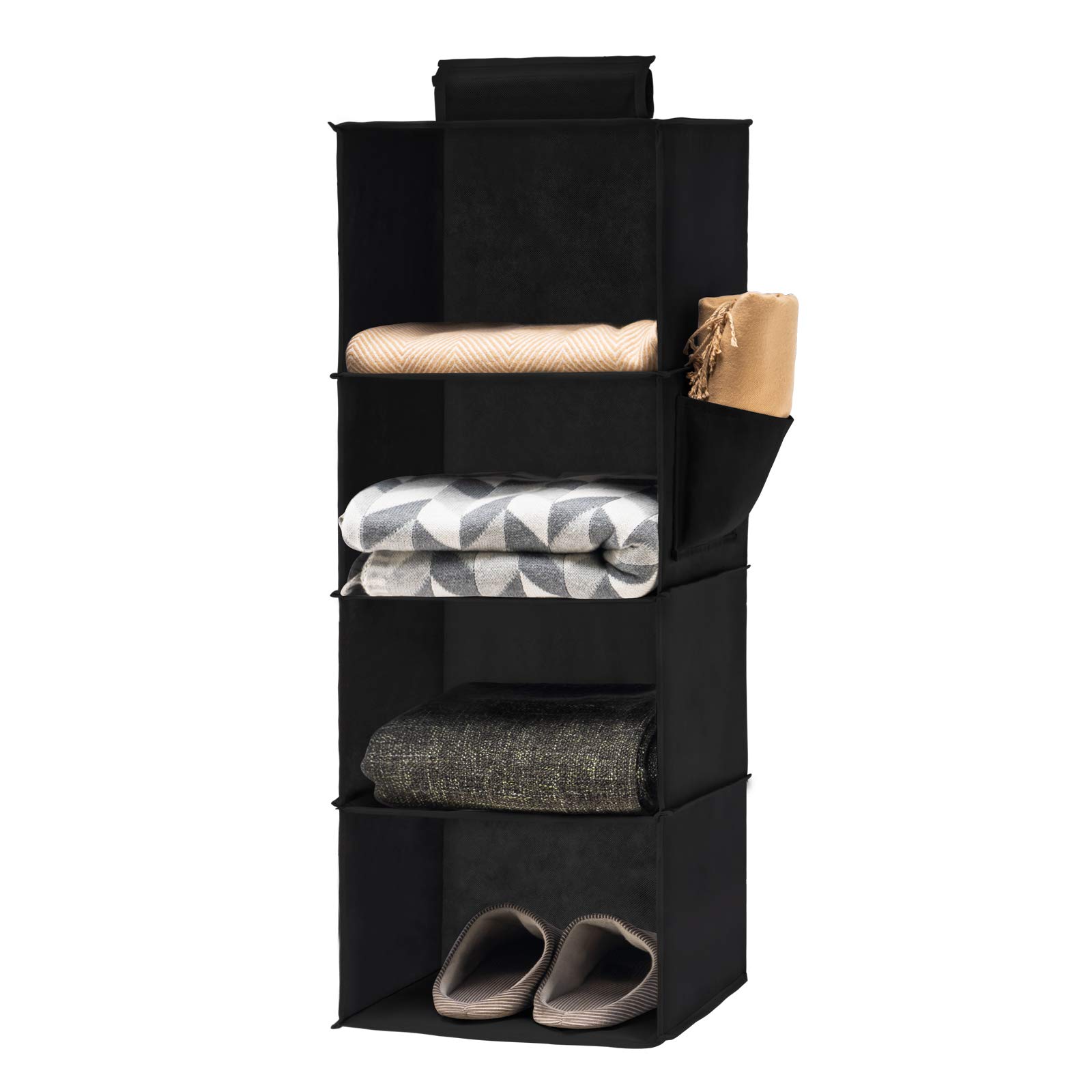 YOUDENOVA Hanging Closet Storage Organizers 4 Shelves Wardrobe Storage Hanging Shelves With Side Pockets Clothes Organiser Bedroom Storage Black