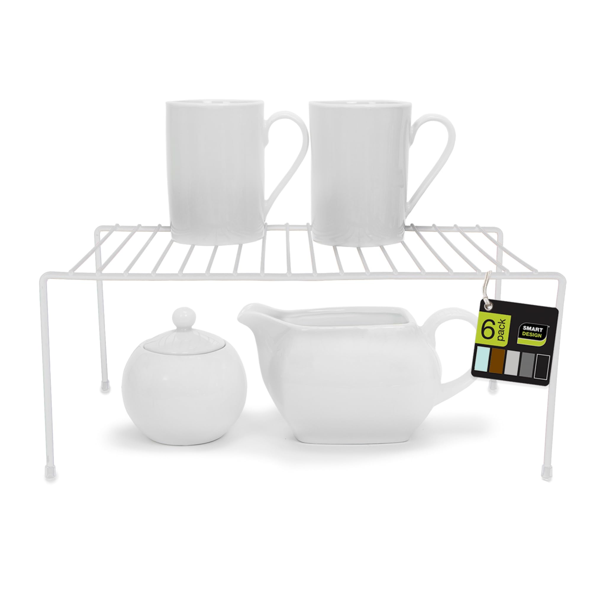 Smart Design Cabinet Storage Shelf Rack - Set of 6 - Medium - 8.5 x 13.25 Inch - Non-Slip Feet - Steel Metal Frame - Rust Resistant Coating - Cup, Dish, Counter & Pantry Organization - Kitchen - White Image