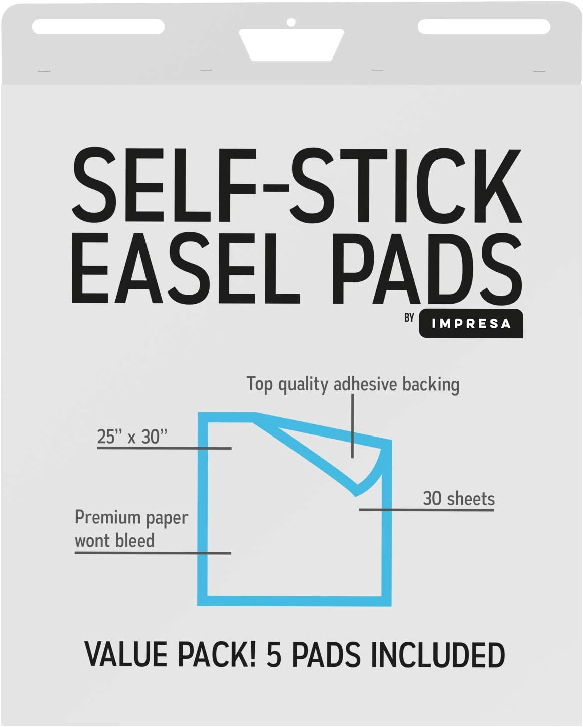 5-Pack of Premium Self-Stick Easel Pads - 25 x 30 Inches, 30 Sheets Per Pad - Thick Paper, Strong Staples, Sticky Easel Poster Chart Pads to Post on Walls - By IMPRESA : Office Products
