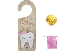 Wooden Tooth Fairy Door Hanger & Money Holder with Coins for Lost Tooth Girls Kids Gifts