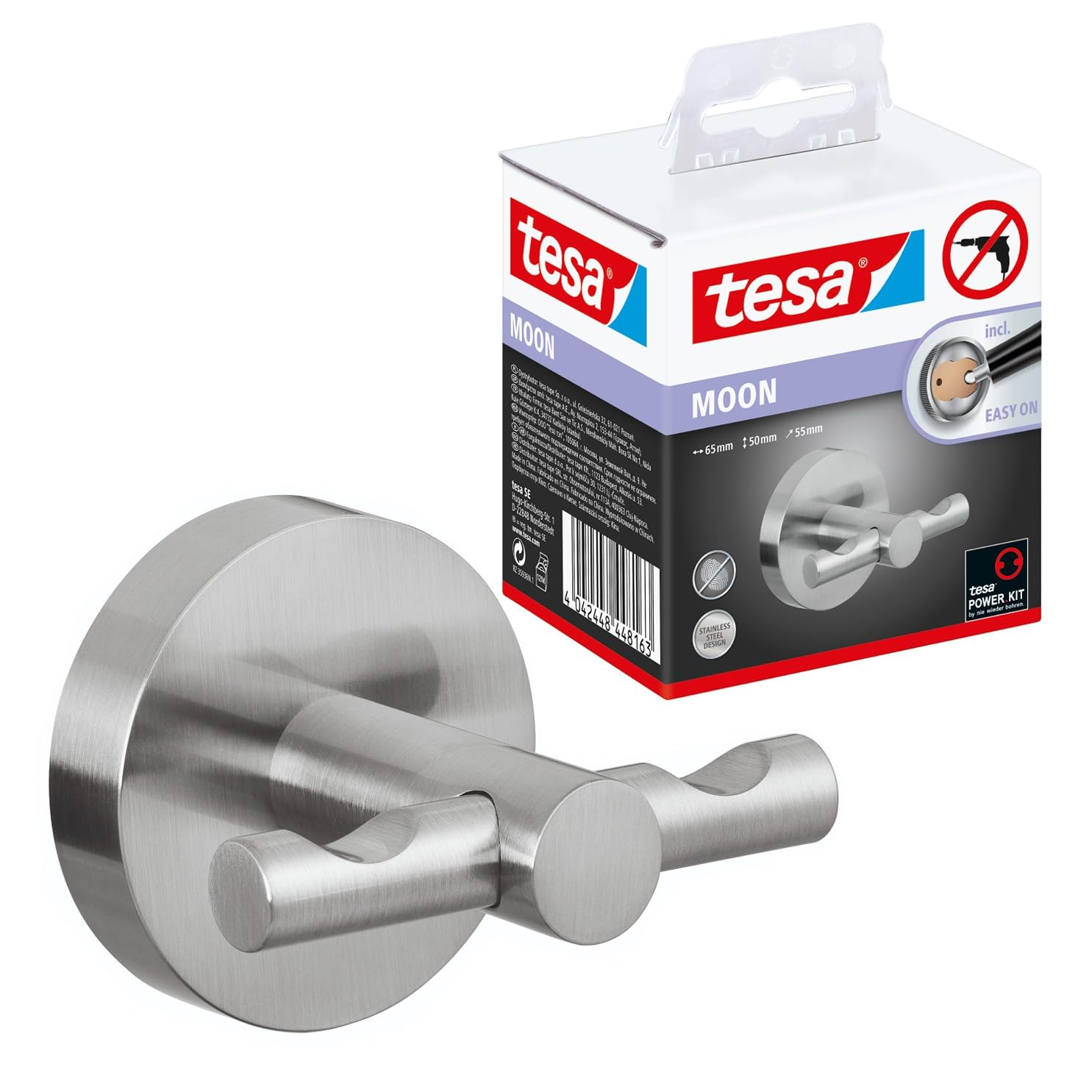 tesa MOON waterproof hook, stainless steel look, self-adhesive, adhesive mounting technology, 65mm x 50mm x 55mm