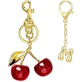 LightOnIt Cherry Bag Charms & Gold Initial Keychain for Handbags Purse Tote Bags, Cute Key Chain Accessories for Women Girl