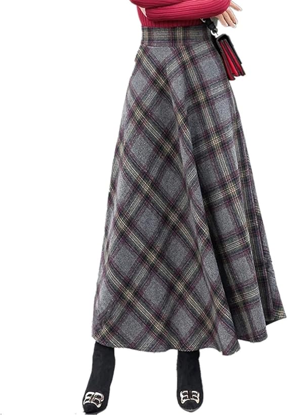 Amazon Snolyni レディーススカート 秋冬 スカート ハイウエスト 大裾幅 ストライプ ラシャ Aライン チェック柄 フレアースカート ロングスカート セレブロングスカート エレガント スカート 通販