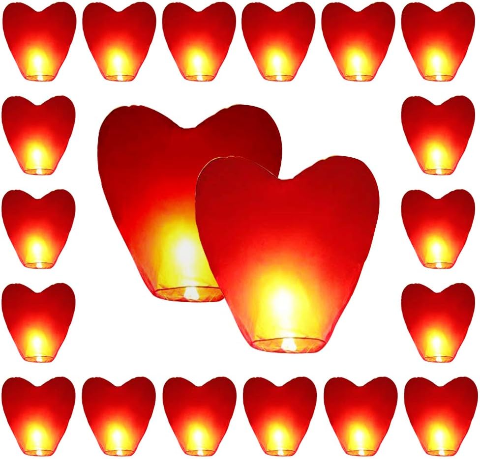 20 x Red Heart Eco-Friendly Sky Lanterns for Christmas, New Year, Chinese New Year, New Years Eve, Weddings & Parties